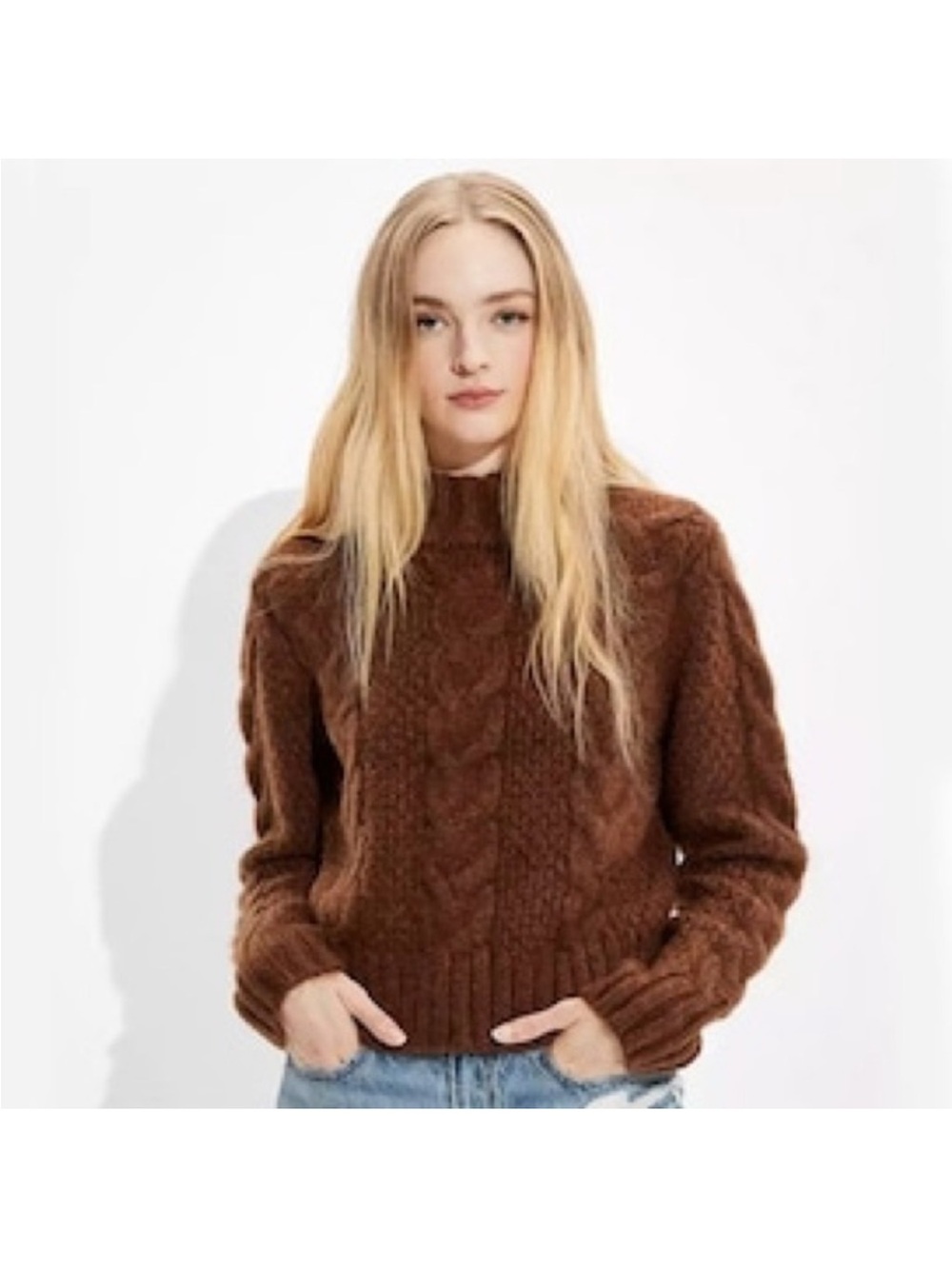American Eagle Outfitters Brown Cable Knit Turtleneck Sweater